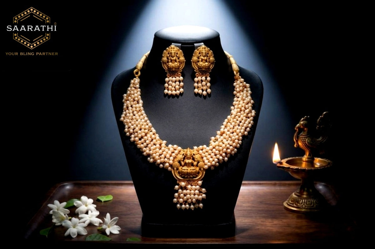 Antique Gold-Toned Pearl Guttapusalu Lakshmi Temple Necklace Set