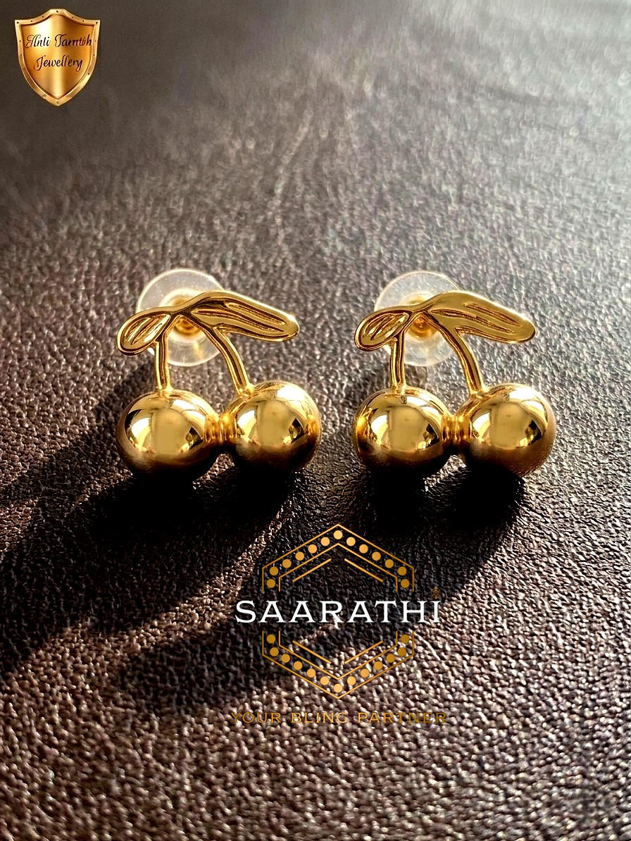 Gold-Toned Anti-Tarnish Cherry Stud Earrings