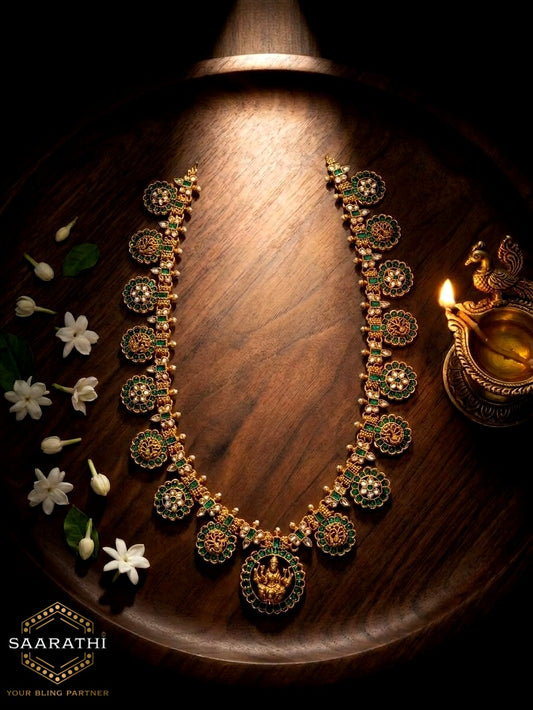 Long Green Antique Gold-Toned Lakshmi Temple Necklace