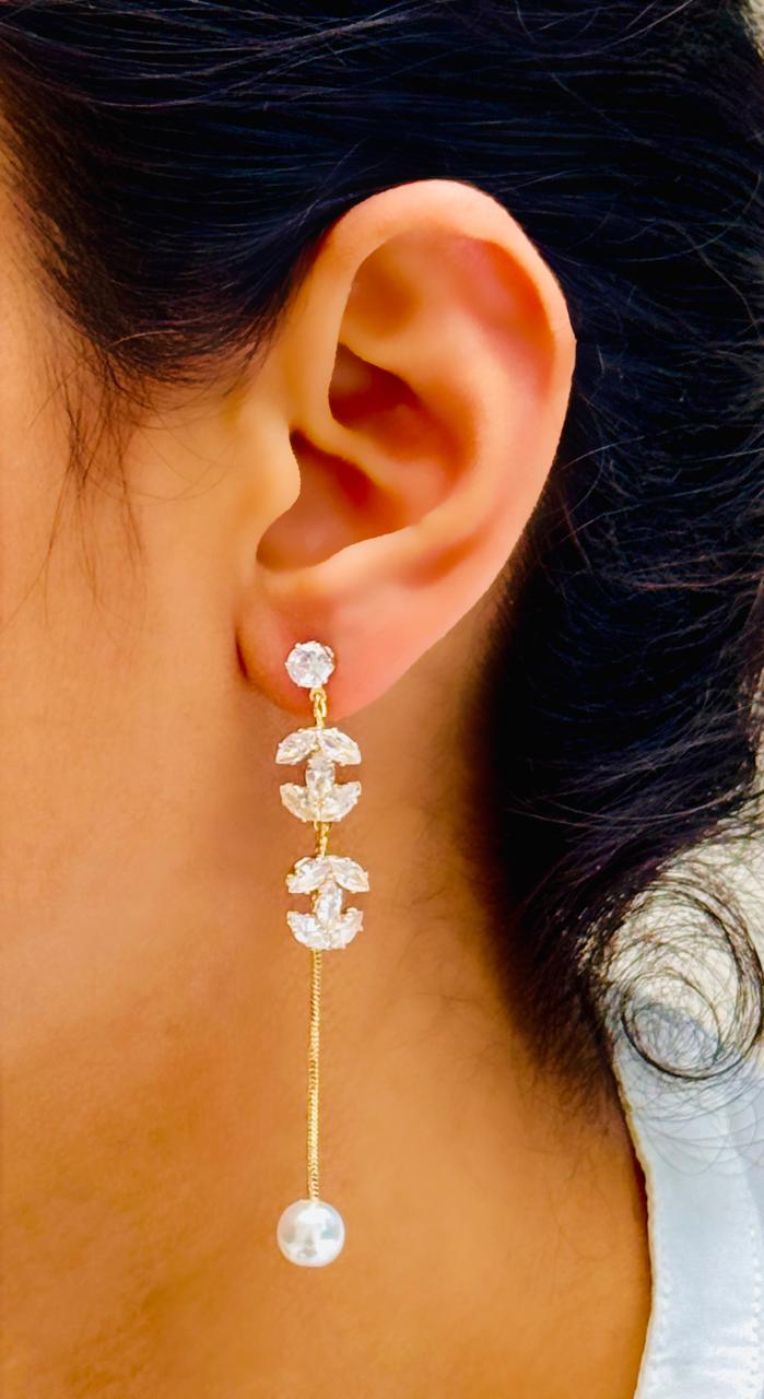 Geometric Gold-Toned Anti-Tarnish CZ and Pearl Dangle Earrings