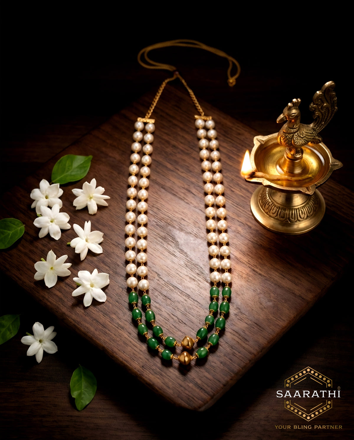 Gold-Toned Pearl and Green Beaded Double-Layered Necklace