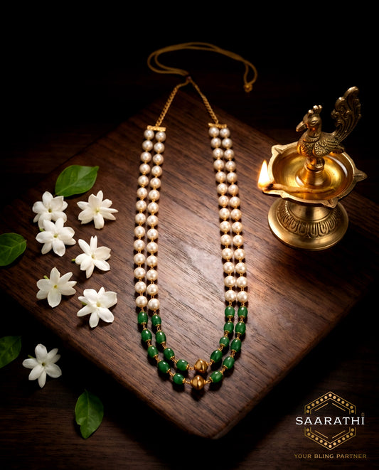 Gold-Toned Pearl and Green Beaded Double-Layered Necklace
