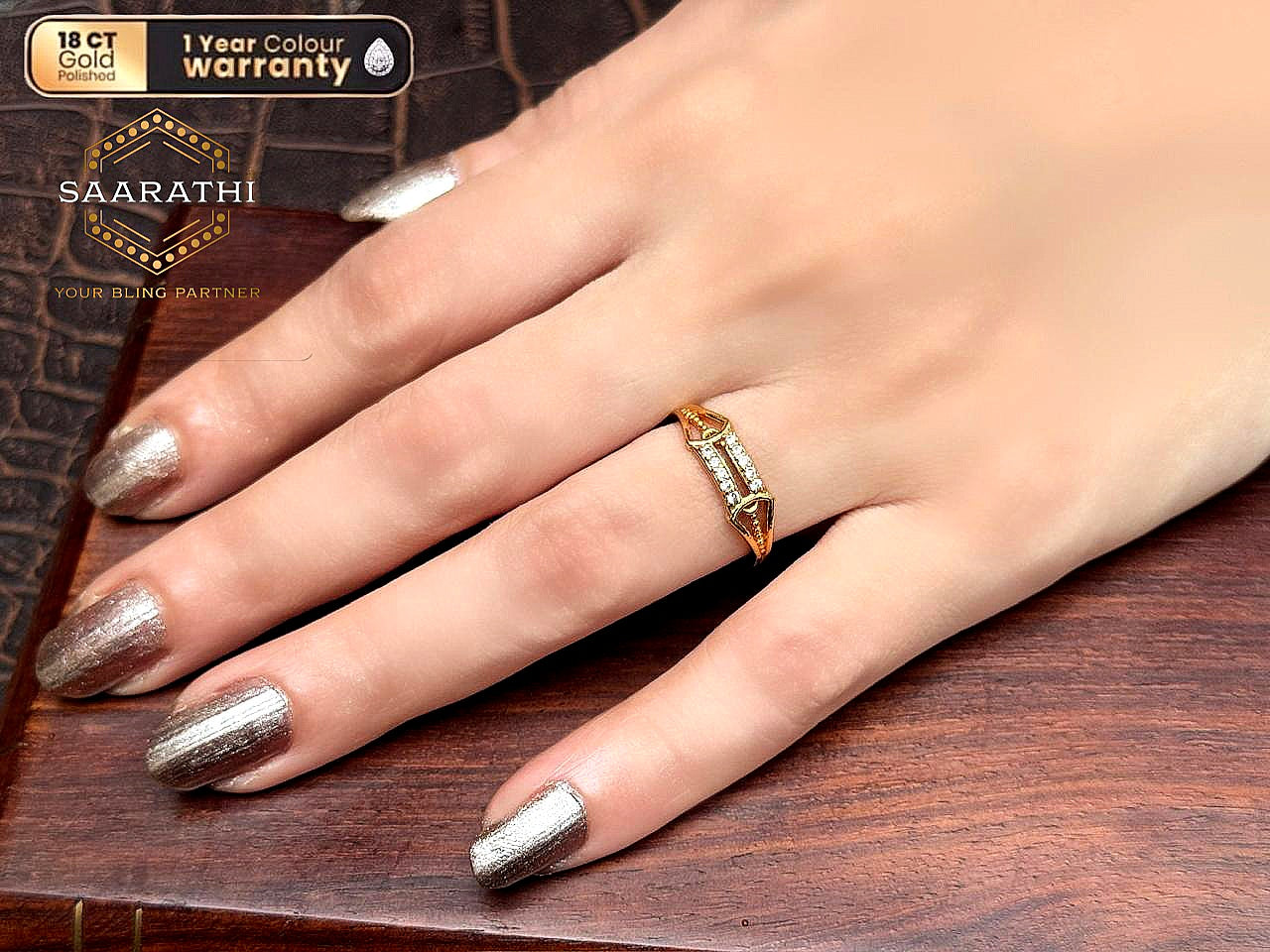 18CT Gold-Polished Geometric Double-Row White Stone Band Ring