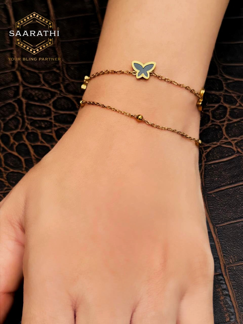 Delicate Double-Layered Gold-toned Butterfly Bracelet