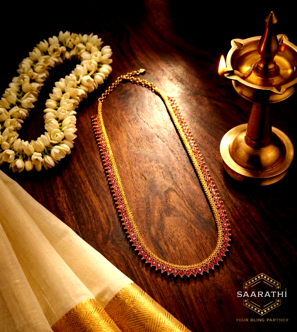 Gold-Toned Traditional South Indian Kemp Stone Haram Necklace
