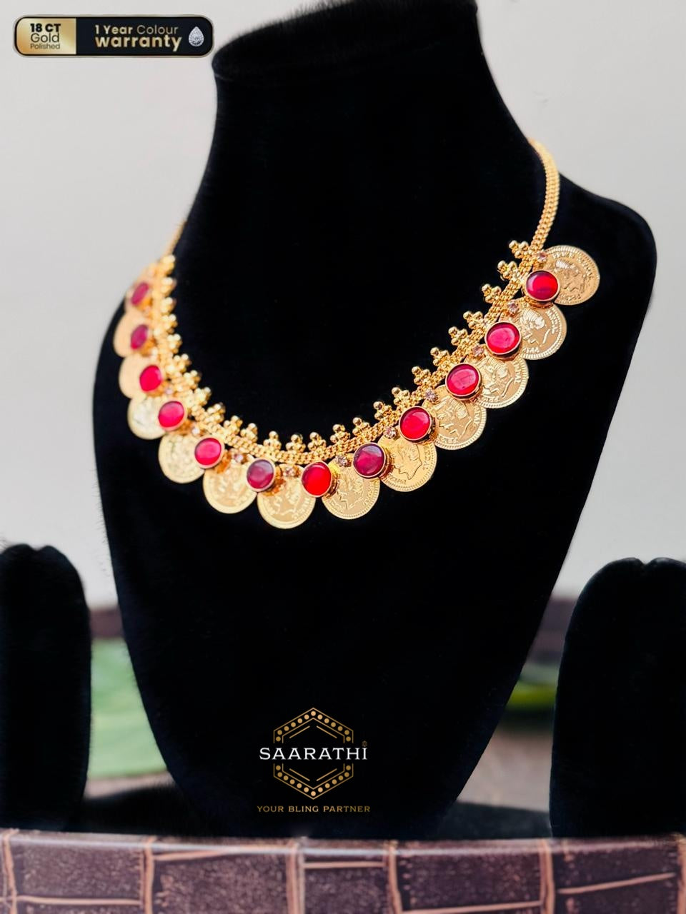Mudrika 18CT Gold-Polished Kaashu Haram Necklace with Red Stone Detailing