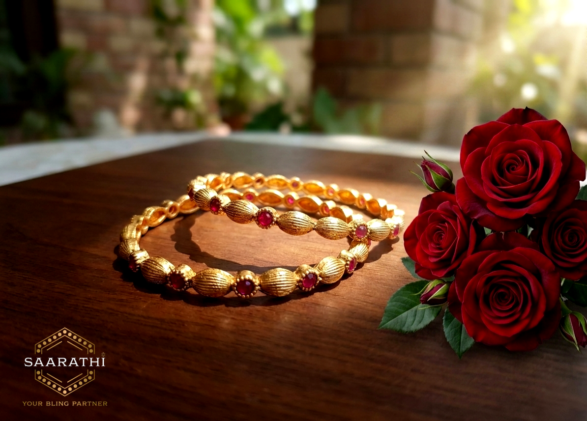 Traditional Gold-Toned Ruby-Red Antique Bangles