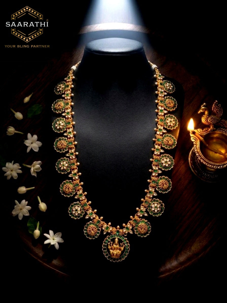 Long Green Antique Gold-Toned Lakshmi Temple Necklace