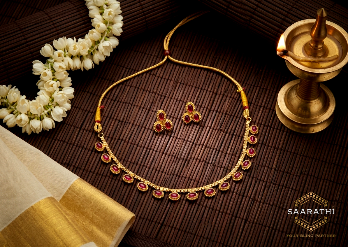 Gold-Toned Red Choker Necklace Set with Stud Earrings