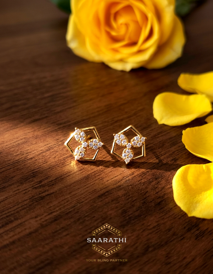 18CT Gold-Polished White CZ Three-Petal Stud Earrings