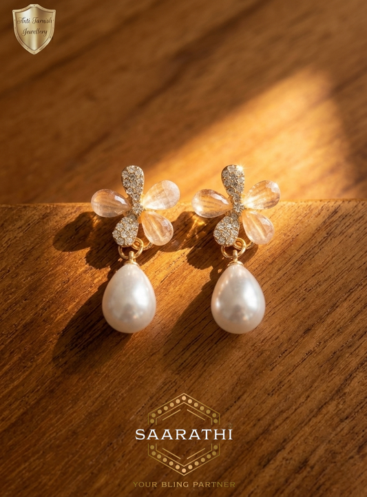 Gold-Toned Anti-Tarnish Floral Pearl and White CZ Drop Earrings