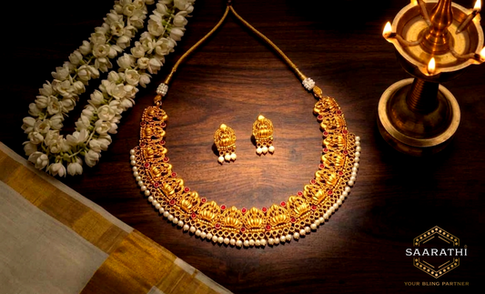 Traditional Gold-Toned South Indian Temple Jewelry Lakshmi Necklace Set with Pearl and Red Kemp Stone accents